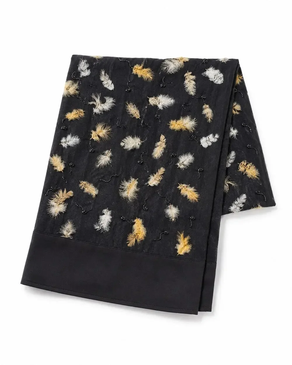Vintage 1990s Black Silk Jacquard Scarf Beaded Real Feather Evening Wrap 20x84